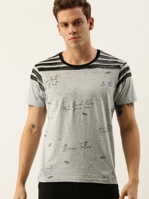 

Moda Rapido Men Grey Melange & Black Printed Round Neck T-shirt