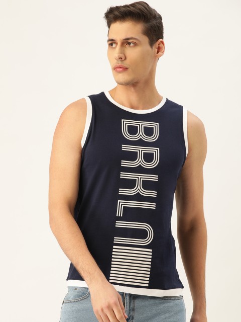 

Moda Rapido Men Navy Blue & White Printed Sleeveless Round Neck T-shirt