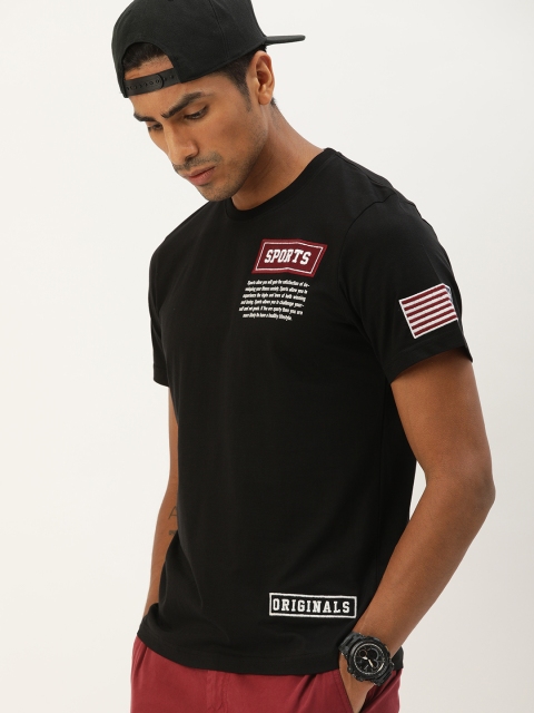 

Moda Rapido Men Black Solid Round Neck T-shirt with Applique Detailing