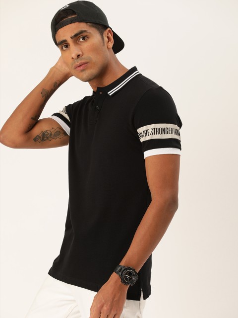 

Moda Rapido Men Black Solid Polo Collar T-shirt with Printed Detailed Sleeves