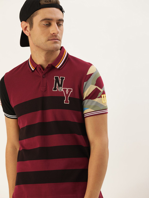 

Moda Rapido Men Maroon & Black Striped Polo Collar T-shirt