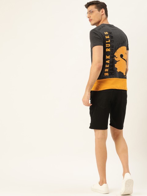 

Moda Rapido Men Charcoal Grey & Mustard Yellow Printed Back Round Neck T-shirt