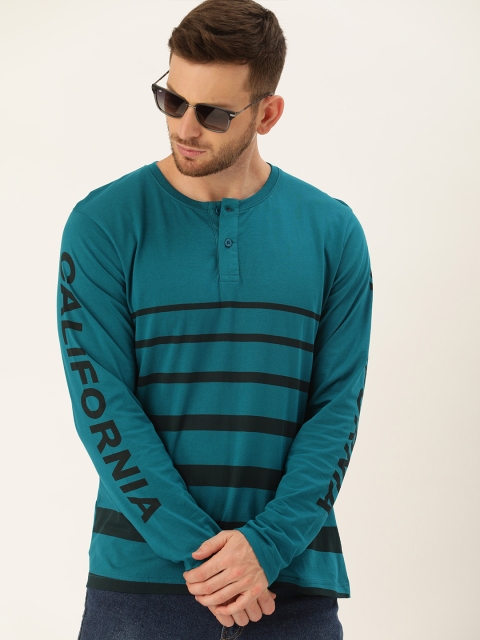

Moda Rapido Men Teal Blue & Black Striped Henley Neck T-shirt