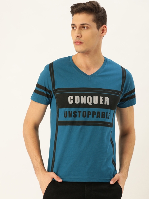 

Moda Rapido Men Teal Blue & Black Printed V-Neck T-Shirt
