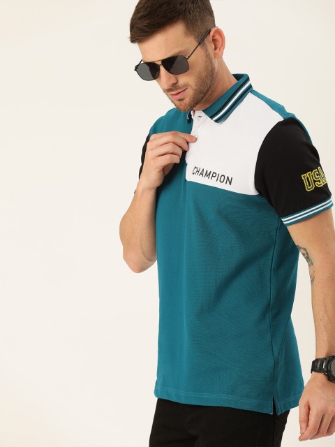 

Moda Rapido Men Teal Blue & White Colourblocked Polo Collar T-shirt