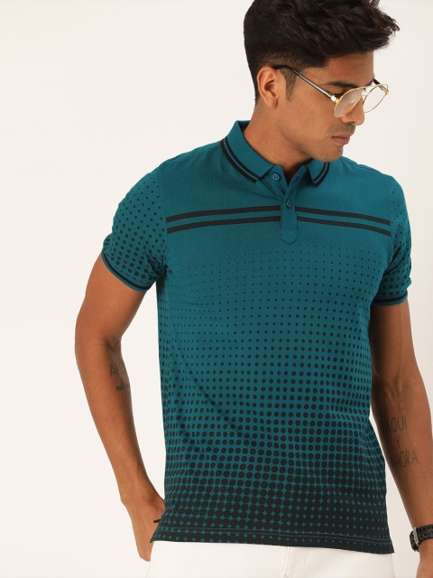 

Moda Rapido Men Teal Blue Geometric Printed Polo Collar T-shirt