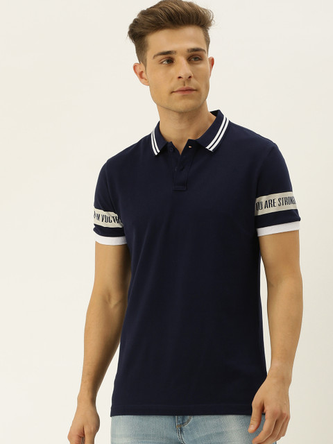

Moda Rapido Men Navy Blue Solid Polo Collar T-shirt With Printed Detailing on the Sleeves