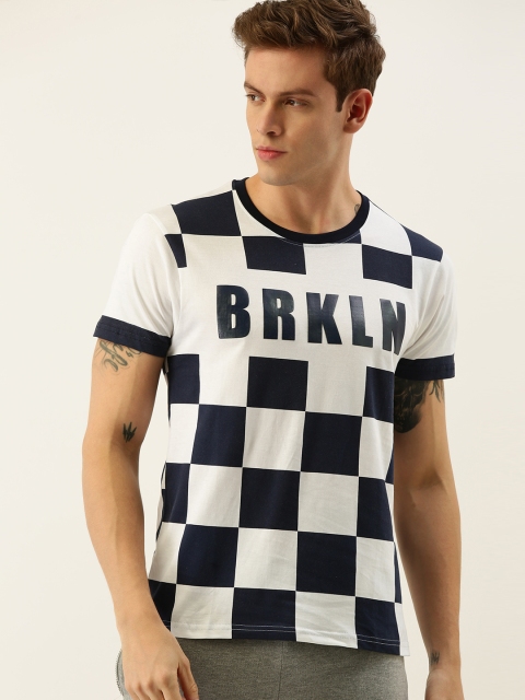 

Moda Rapido Men White Navy Blue Checked Round Neck Pure Cotton T-shirt With Printed Detailing