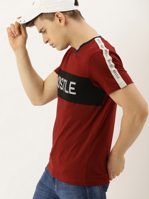 

Moda Rapido Men Red & Black Striped Round Neck T-shirt with Printed Detail