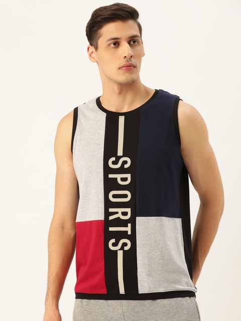 

Moda Rapido Men Navy Blue Grey Melange Coloublocked Round Neck Pure Cotton T-shirt