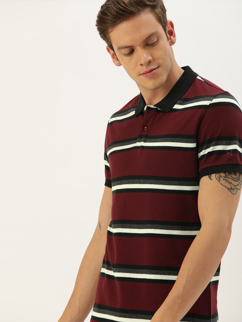 

ether Men Maroon & White Striped Polo Collar T-shirt