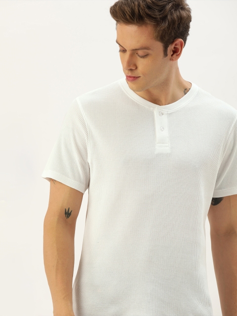 

ether Men White Self Design Henley Neck T-shirt