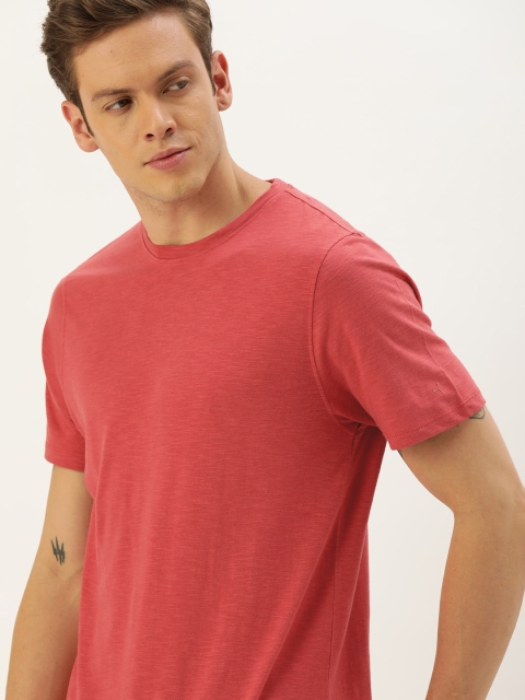

ether Men Coral Red Solid Round Neck T-shirt
