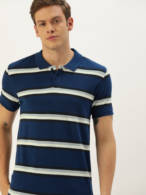 

ether Men Blue & White Striped Polo Collar T-shirt
