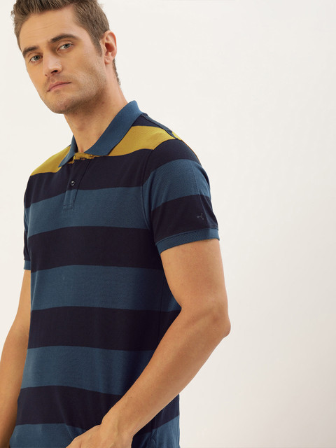 

ether Men Navy Blue & Yellow Striped Polo Collar T-shirt