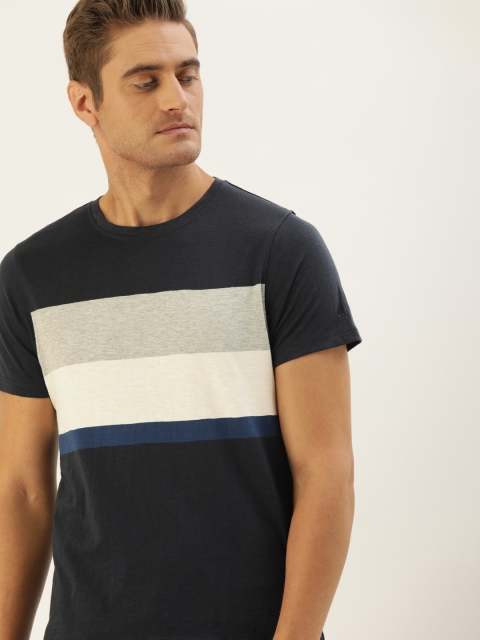 

ether Men Navy Blue & White Colourblocked Round Neck T-shirt