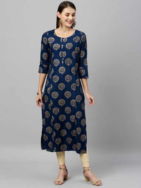

kipek Women Blue & Gold-Toned Printed Straight Kurta