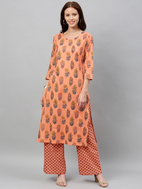 

kipek Women Peach-Coloured & Yellow Printed Kurta with Palazzos