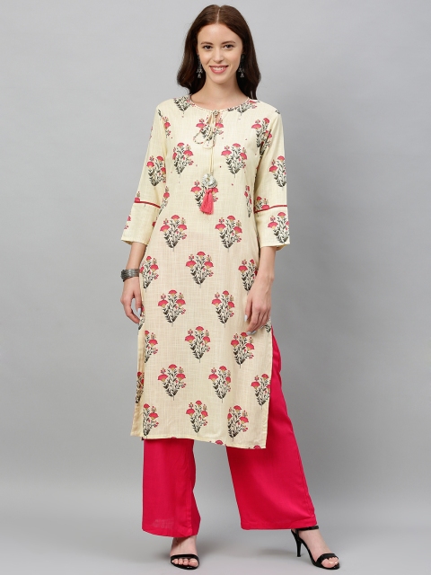 

kipek Women Cream-Coloured & Red Floral Printed Kurta with Palazzos