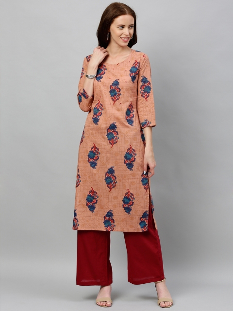 

kipek Women Coral Pink & Navy Blue Printed Kurta with Palazzos