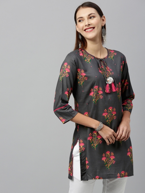

kipek Women Grey & Pink Floral Printed Kurti with Tie Ups