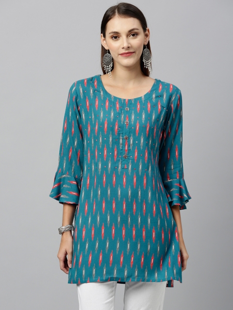 

kipek Women Teal Blue & Maroon Ikat Printed Mirror Work Straight Kurti