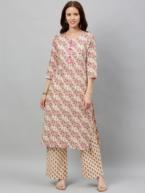 

kipek Women Beige & Pink Printed Kurta with Palazzos