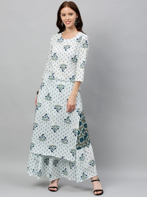 

kipek Women White & Blue Floral Printed Kurta with Skirt