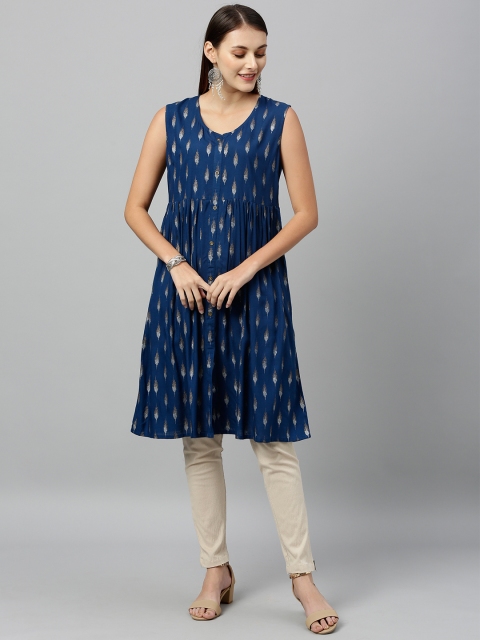 

kipek Women Navy Blue & White Printed Pleated A-Line Kurta