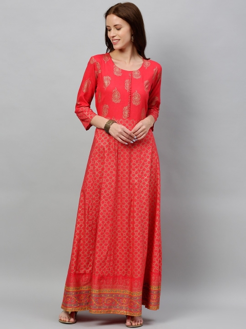 

kipek Women Coral Pink & Gold-Coloured Printed A-Line Kurta with Waist Tie-Up Detail