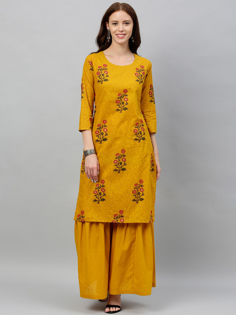 

kipek Women Mustard Yellow Printed Kurta with Sharara