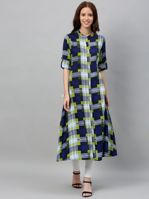 

kipek Women Navy Blue & Green Checked A-Line Kurta