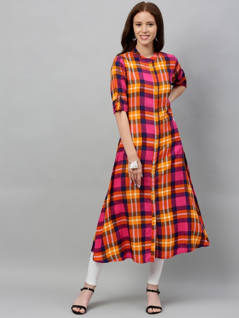 

kipek Women Orange & Pink Checked A-Line Kurta