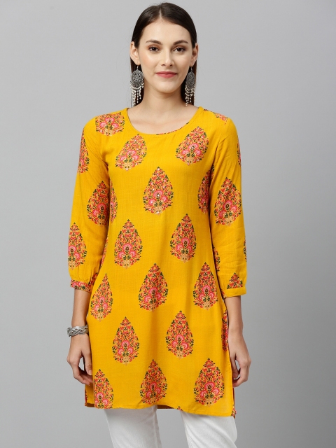 

kipek Women Mustard Yellow & Pink Buta Printed Straight Kurti