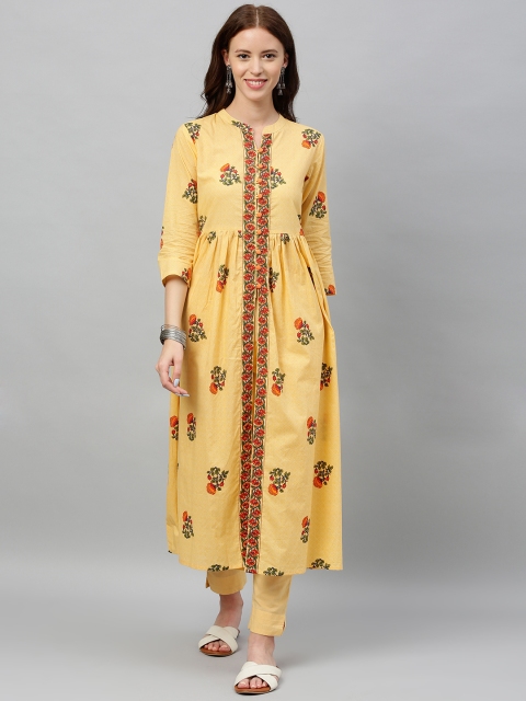 

kipek Women Beige & Olive Green Printed A-Line Kurta with Trousers