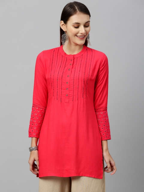 

kipek Women Pink Solid Front Tuck Tunic with Schiffli Embroidery