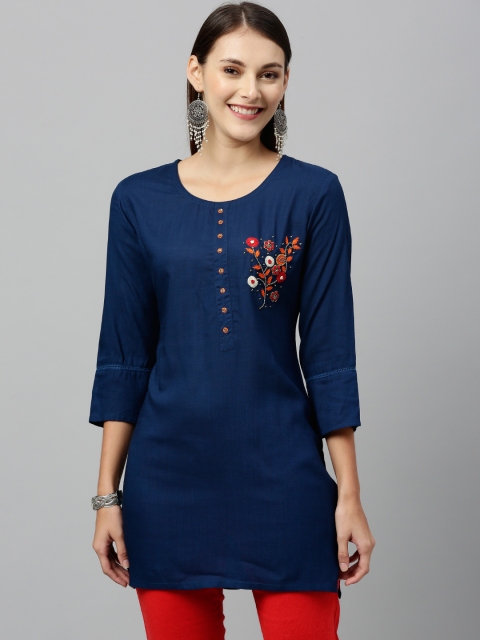 

kipek Women Teal Blue Embroidered Straight Kurti