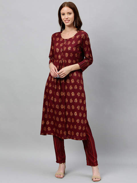 

kipek Women Burgundy & Gold-Coloured Printed Kurta with Trousers