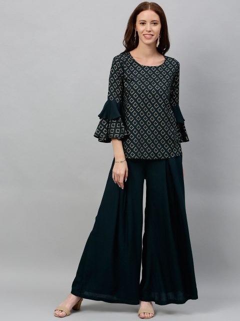 

kipek Women Teal Green & Gold-Coloured Printed Bell Sleeve Top with Palazzos