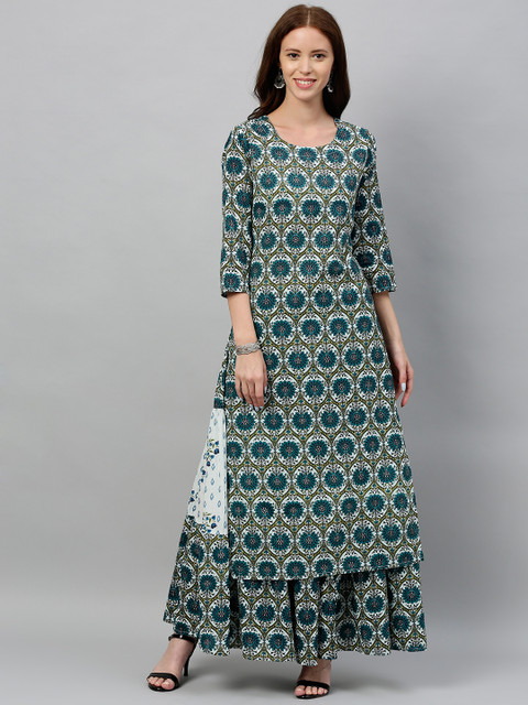 

kipek Women Teal Green & White Printed Straight Kurta with Skirt