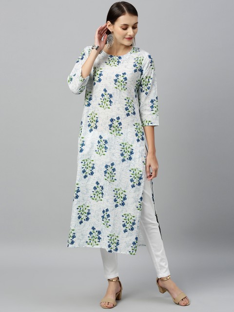 

kipek Women White & Blue Printed Straight Kurta