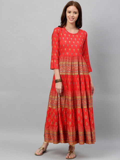 

kipek Women Red & Mustard Yellow Floral Printed Tiered Anarkali Kurta