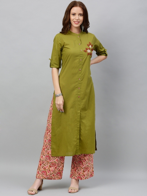 

kipek Women Olive Green & Orange Solid Kurta with Palazzos with Embroidery