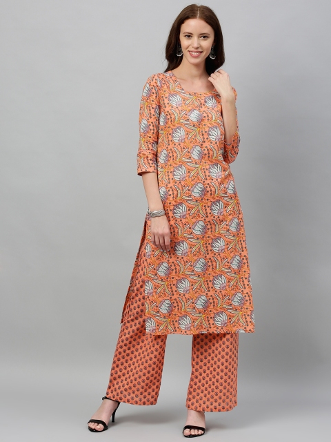 

kipek Women Peach-Coloured & White Floral Printed Kurta with Palazzos