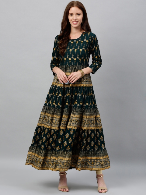 

kipek Women Teal Green & Gold-Toned Woven Design A-Line Kurta