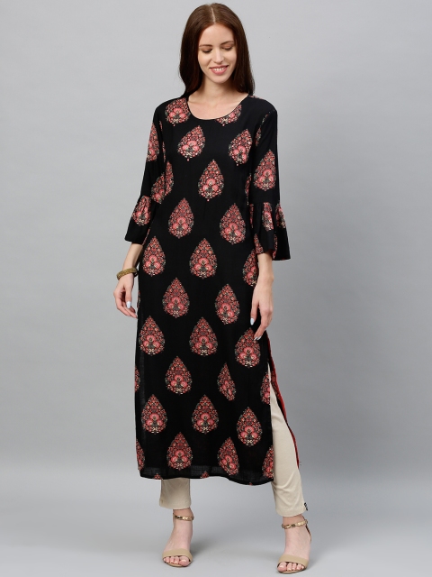 

kipek Women Black & Red Printed Straight Kurta With Bell Sleeves