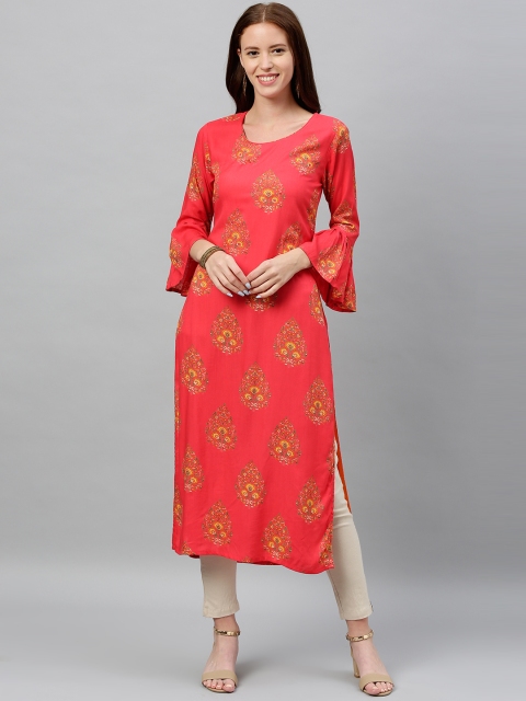

kipek Women Pink Printed Straight Kurta With Bell Sleeves
