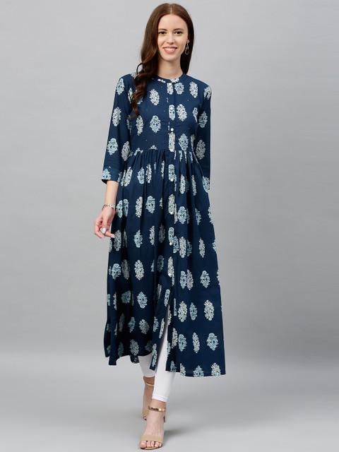 

kipek Women Navy Blue & White Printed A-Line Kurta