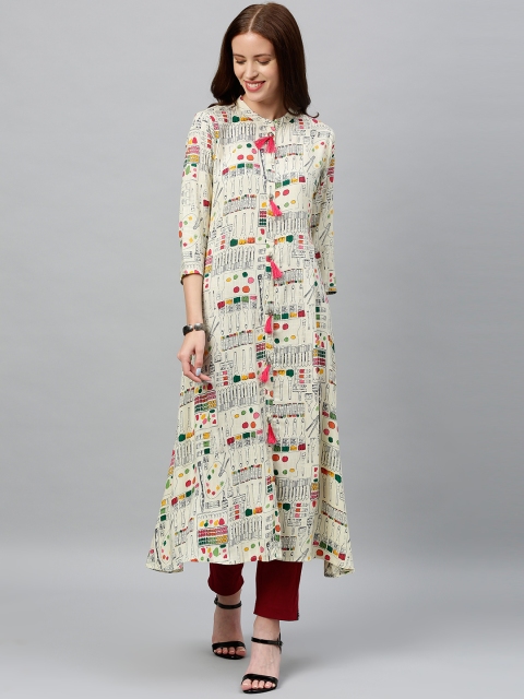 

kipek Women Cream-Coloured & Black Quirky Printed A-Line Kurta