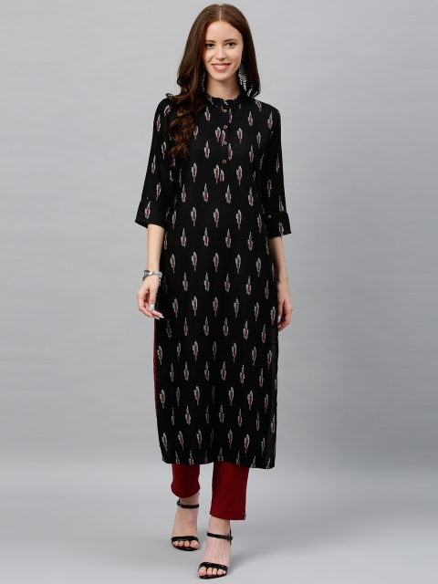 

kipek Women Black & Maroon Ikat Printed Straight Kurta